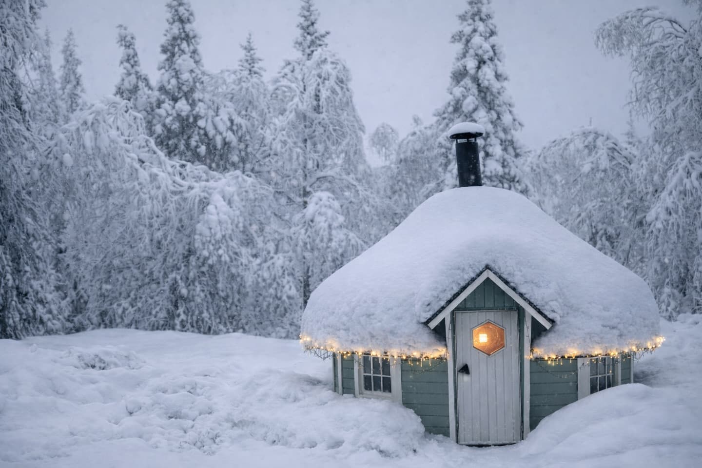 Snow-covered Finnish grill hut with fairy lights in Ylläs winter wonderland